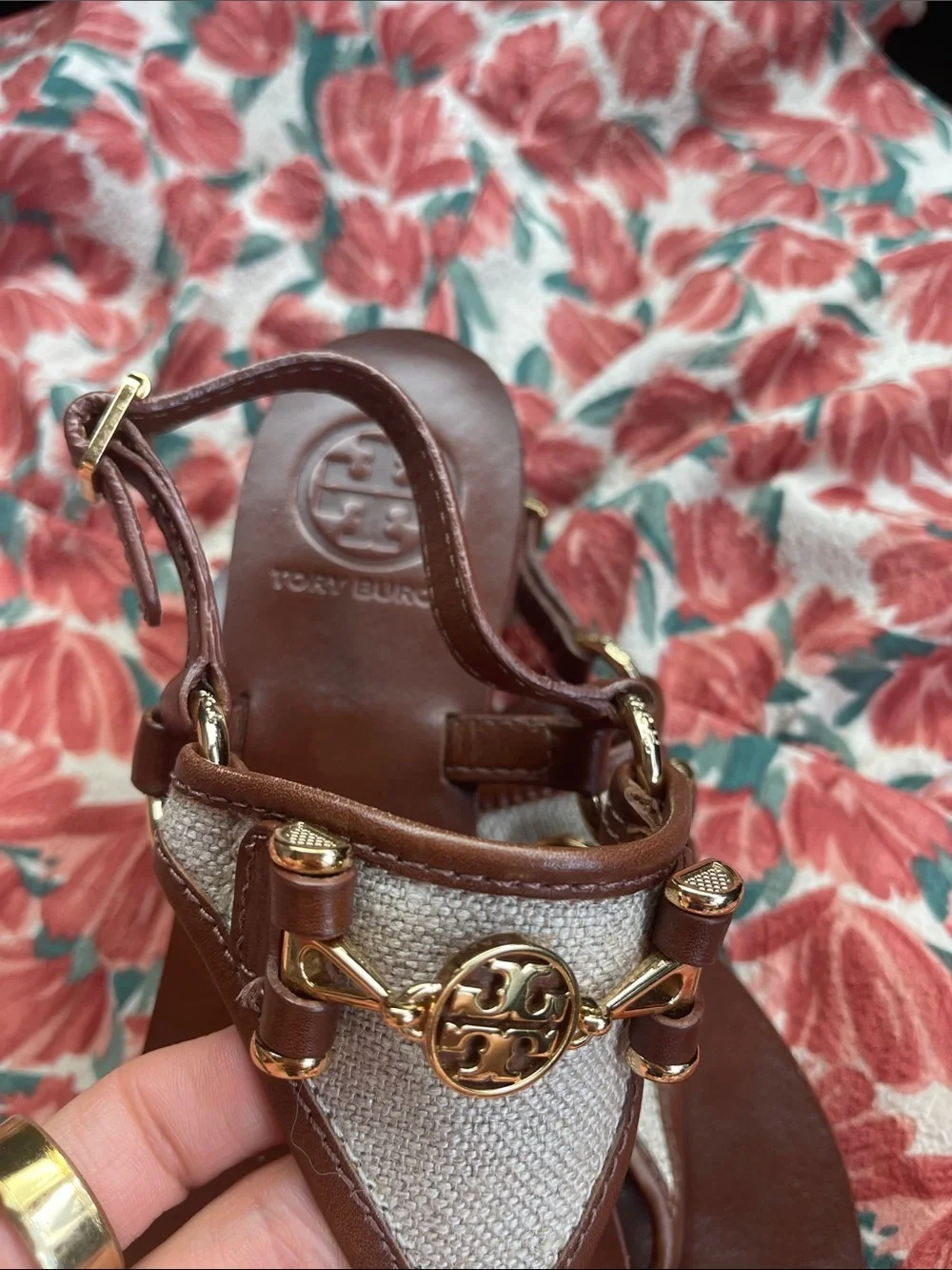 Tory Burch Brown Leather & Beige Canvas Logo Thong Sandals